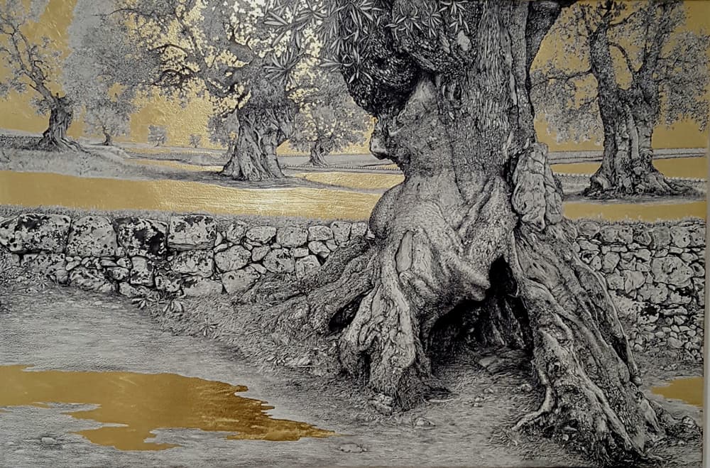 La foresta dei saggi silenti   matita e foglia oro su tela  cm 120 x 80 