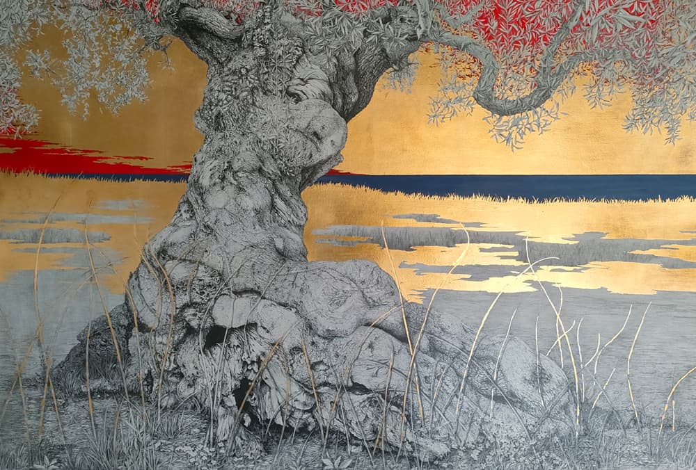 Cielo rosso d'Oriente matita e foglia oro su tela cm 120 x 80