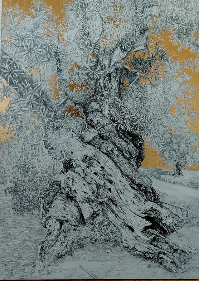 Vibrazioni matita e foglia oro su tela cm 50 x 70